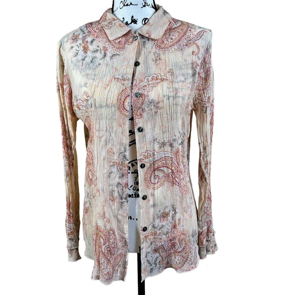 J. Jill top Peach Floral Paisley crinkle Semi Sheer Blouse Shirt Ruffle Sleeve S